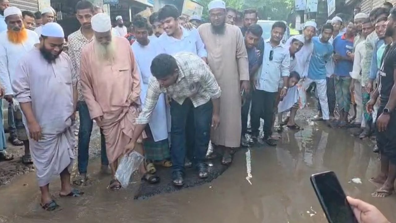 সড়কের গর্তে মাছের পোনা ছেড়ে অভিনব প্রতিবাদ হাসনাত আবদুল্লাহর